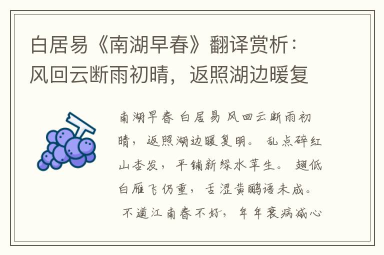  白居易《南湖早春》翻译赏析：风回云断雨初晴，返照湖边暖复明