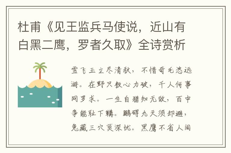  杜甫《见王监兵马使说，近山有白黑二鹰，罗者久取》全诗赏析