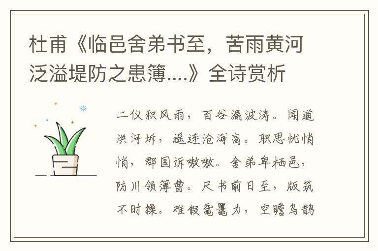  杜甫《临邑舍弟书至，苦雨黄河泛溢堤防之患簿....》全诗赏析