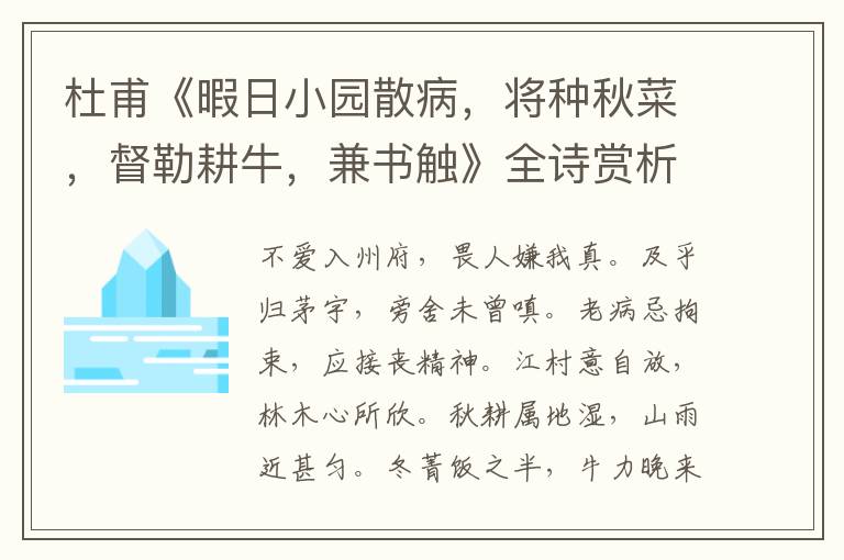  杜甫《暇日小园散病，将种秋菜，督勒耕牛，兼书触》全诗赏析