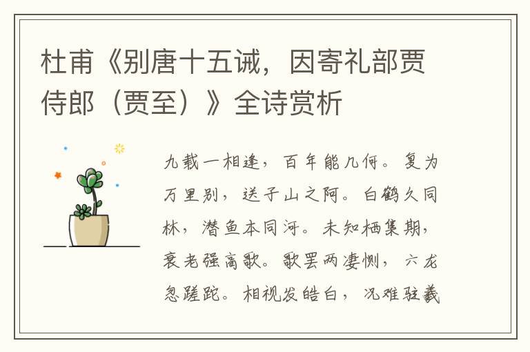  杜甫《别唐十五诫，因寄礼部贾侍郎（贾至）》全诗赏析