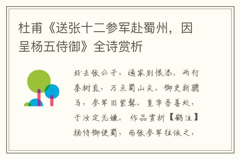  杜甫《送张十二参军赴蜀州，因呈杨五侍御》全诗赏析