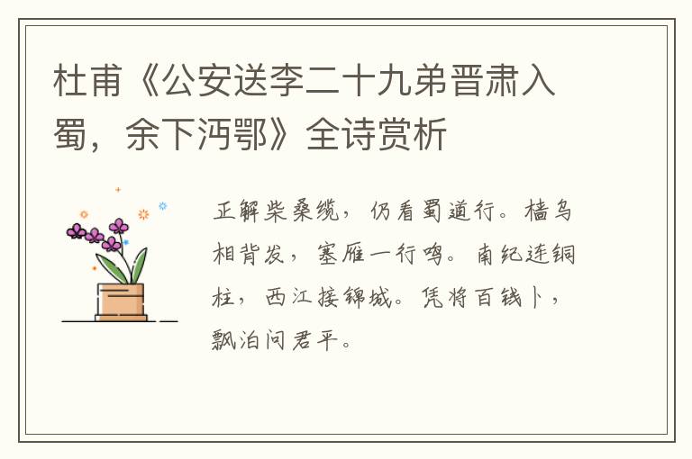  杜甫《公安送李二十九弟晋肃入蜀，余下沔鄂》全诗赏析