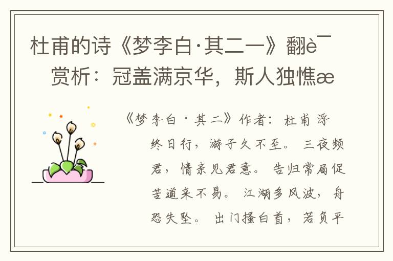  杜甫的诗《梦李白·其二一》翻译赏析：冠盖满京华，斯人独憔悴。