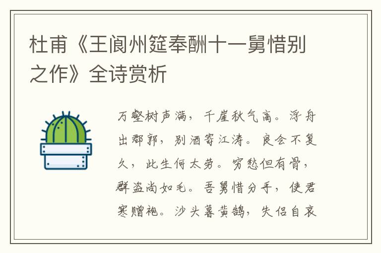  杜甫《王阆州筵奉酬十一舅惜别之作》全诗赏析