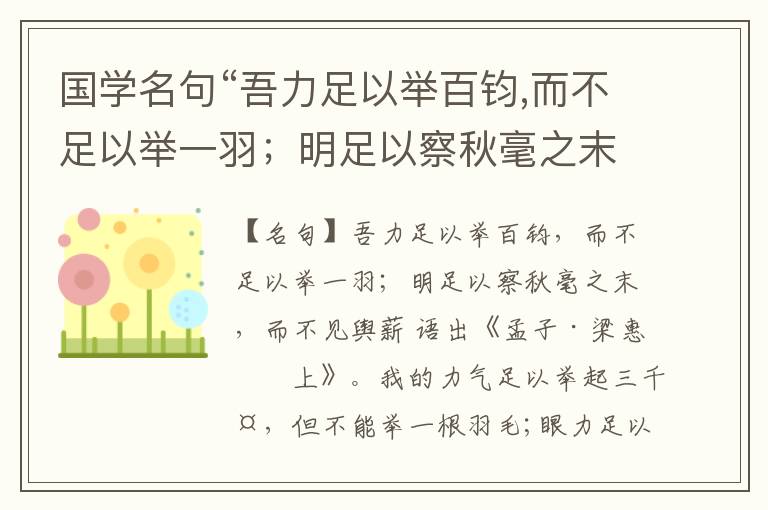  国学名句“吾力足以举百钧,而不足以举一羽；明足以察秋毫之末,而不见舆薪”出处和解释