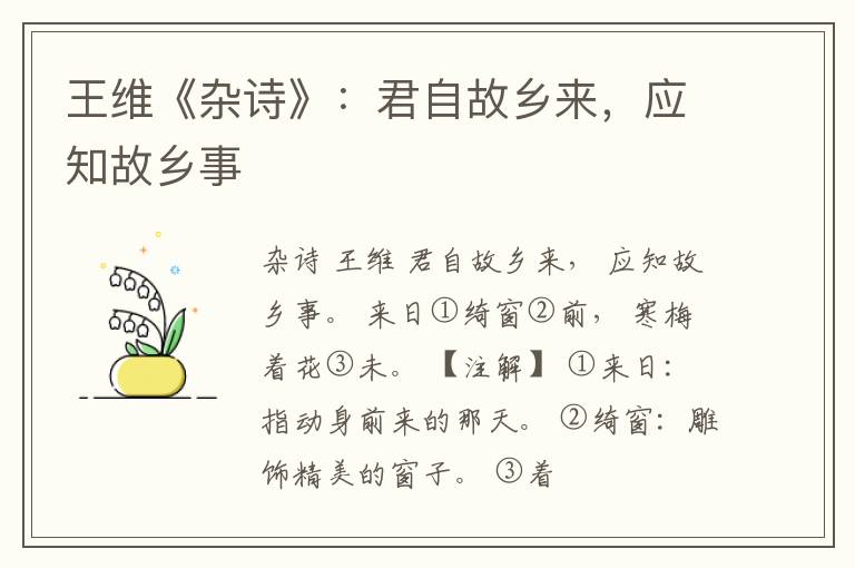  王维《杂诗》：君自故乡来，应知故乡事