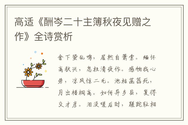  高适《酬岑二十主簿秋夜见赠之作》全诗赏析