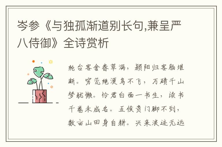  岑参《与独孤渐道别长句,兼呈严八侍御》全诗赏析