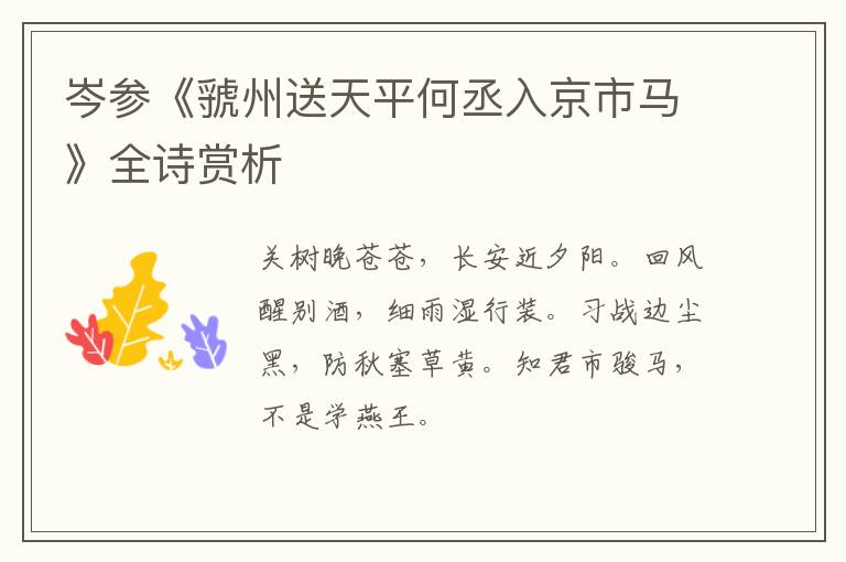  岑参《虢州送天平何丞入京市马》全诗赏析