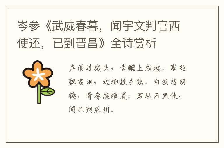  岑参《武威春暮，闻宇文判官西使还，已到晋昌》全诗赏析