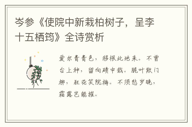  岑参《使院中新栽柏树子，呈李十五栖筠》全诗赏析