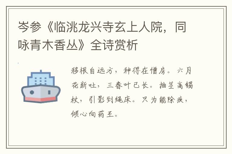  岑参《临洮龙兴寺玄上人院，同咏青木香丛》全诗赏析