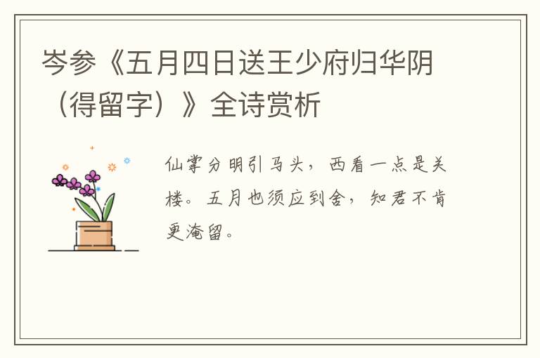  岑参《五月四日送王少府归华阴（得留字）》全诗赏析