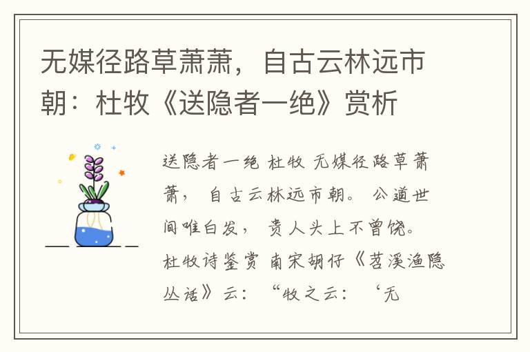  无媒径路草萧萧，自古云林远市朝：杜牧《送隐者一绝》赏析
