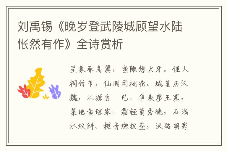  刘禹锡《晚岁登武陵城顾望水陆怅然有作》全诗赏析