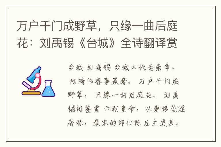  万户千门成野草，只缘一曲后庭花：刘禹锡《台城》全诗翻译赏析