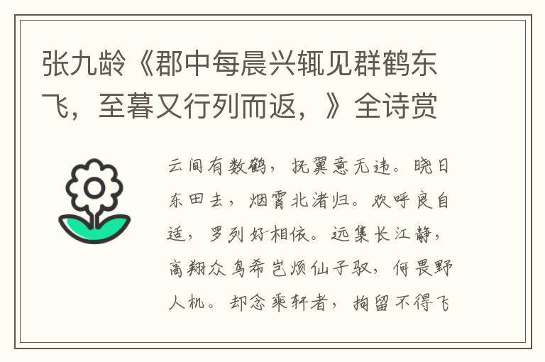  张九龄《郡中每晨兴辄见群鹤东飞，至暮又行列而返，》全诗赏析