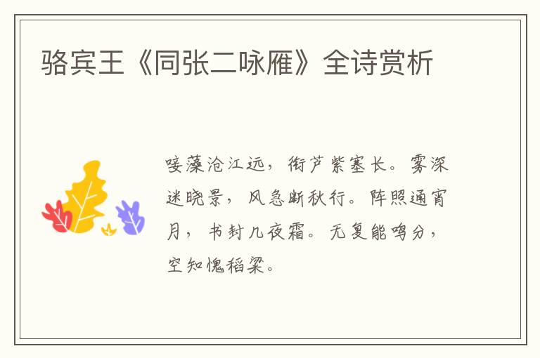  骆宾王《同张二咏雁》全诗赏析