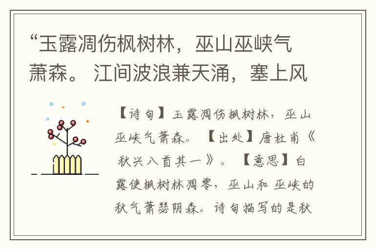 “玉露凋伤枫树林,巫山巫峡气萧森。 江间波浪兼天涌,塞上风云接地阴。”全诗,翻译,意思,上一句和下一句