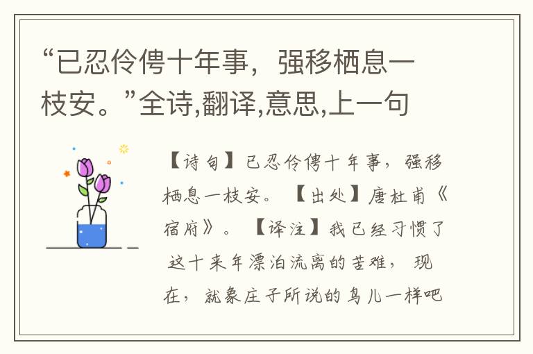  “已忍伶俜十年事，强移栖息一枝安。”全诗,翻译,意思,上一句和下一句