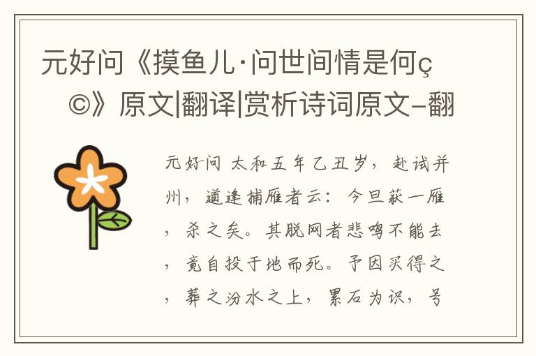  元好问《摸鱼儿·问世间情是何物》原文|翻译|赏析诗词原文-翻译-鉴赏-阅读理解答案