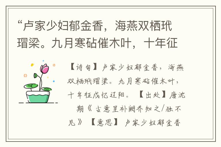 “卢家少妇郁金香,海燕双栖玳瑁梁。九月寒砧催木叶,十年征戍忆辽阳。”全诗,翻译,意思,上一句和下一句