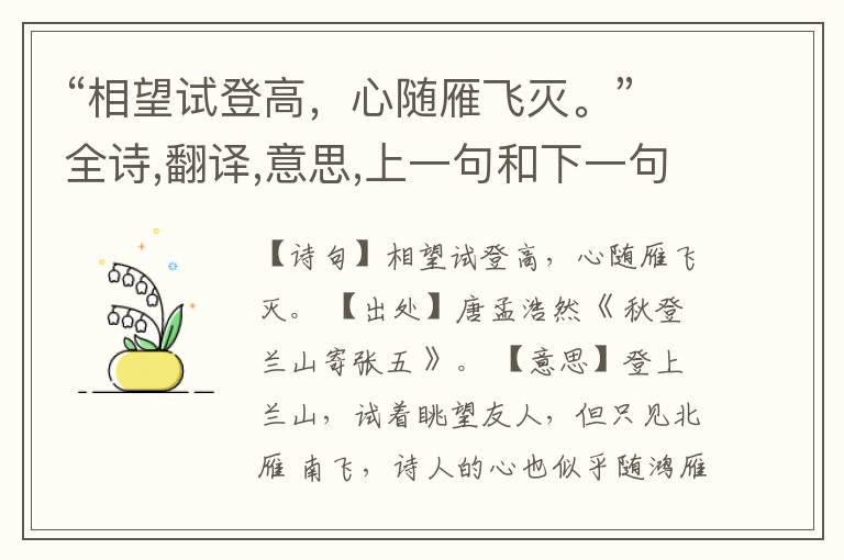 “相望试登高,心随雁飞灭。”全诗,翻译,意思,上一句和下一句