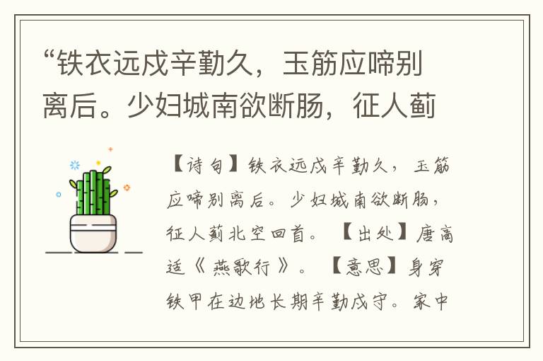 “铁衣远戍辛勤久,玉筋应啼别离后。少妇城南欲断肠,征人蓟北空回首。”全诗,翻译,意思,上一句和下一句