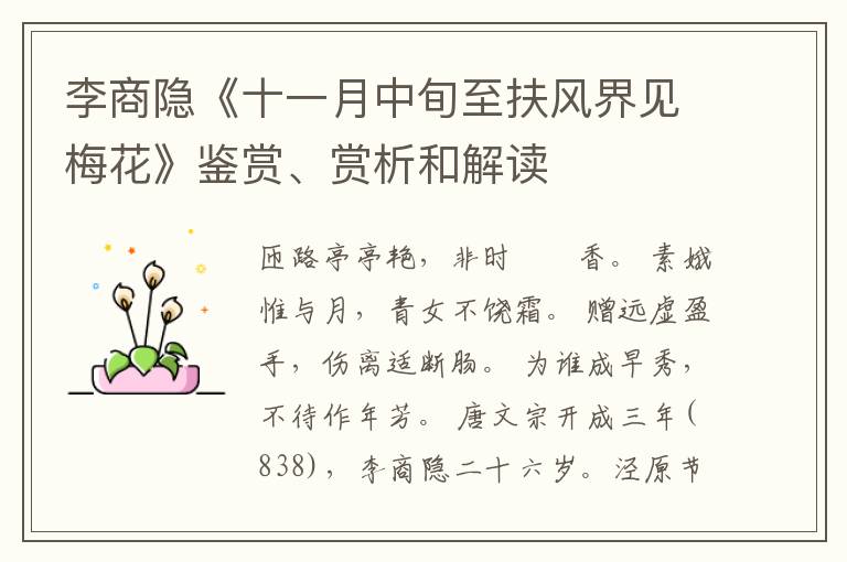  李商隐《十一月中旬至扶风界见梅花》鉴赏、赏析和解读