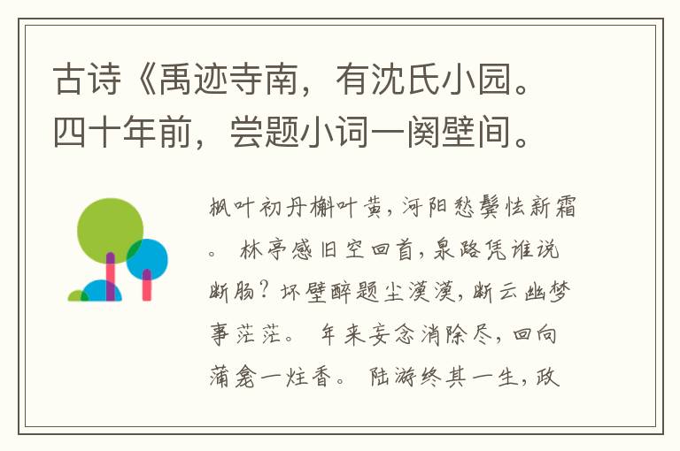  古诗《禹迹寺南，有沈氏小园。四十年前，尝题小词一阕壁间。　　偶复一到，而园已三易主，读之怅然》赏析解读