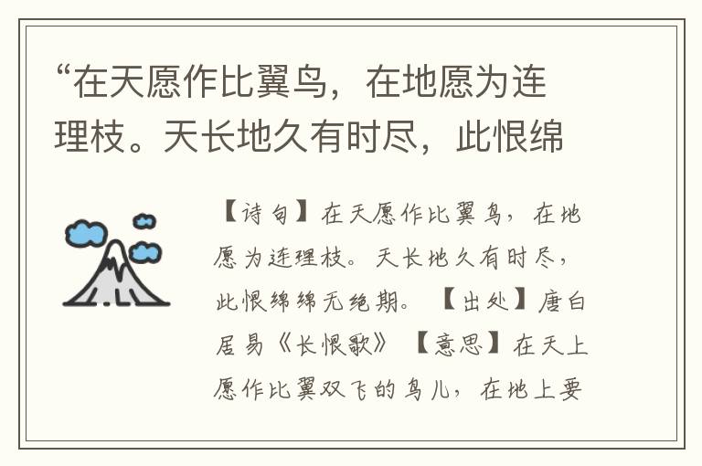  “在天愿作比翼鸟，在地愿为连理枝。天长地久有时尽，此恨绵绵无绝期。”全诗,翻译,意思,上一句和下一句