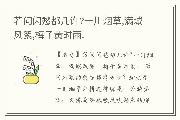  若问闲愁都几许?一川烟草,满城风絮,梅子黄时雨.