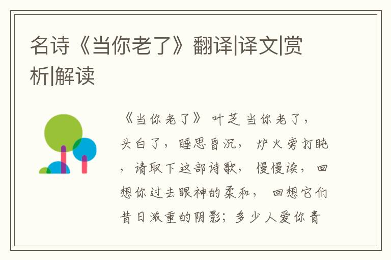  名诗《当你老了》翻译|译文|赏析|解读