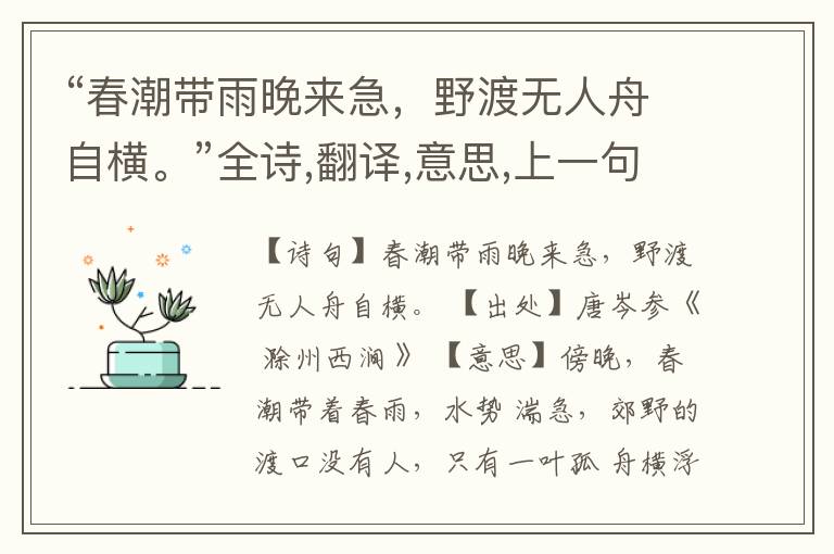“春潮带雨晚来急,野渡无人舟自横。”全诗,翻译,意思,上一句和下一句