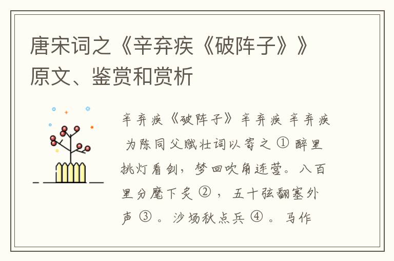 唐宋词之《辛弃疾《破阵子》》原文、鉴赏和赏析