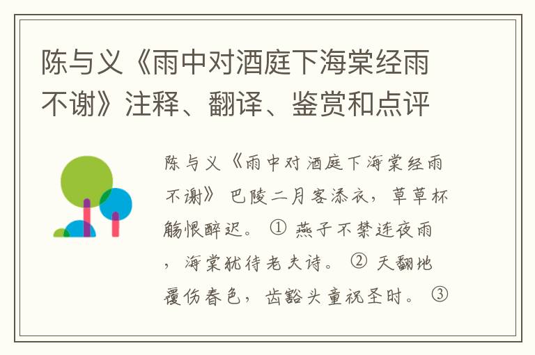  陈与义《雨中对酒庭下海棠经雨不谢》注释、翻译、鉴赏和点评