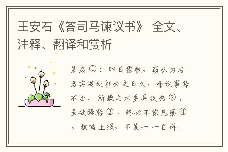  王安石《答司马谏议书》 全文、注释、翻译和赏析