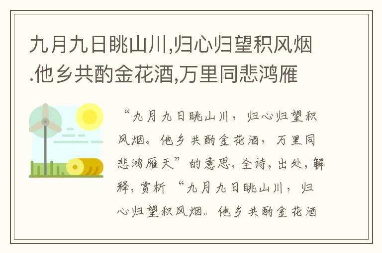  九月九日眺山川,归心归望积风烟.他乡共酌金花酒,万里同悲鸿雁天