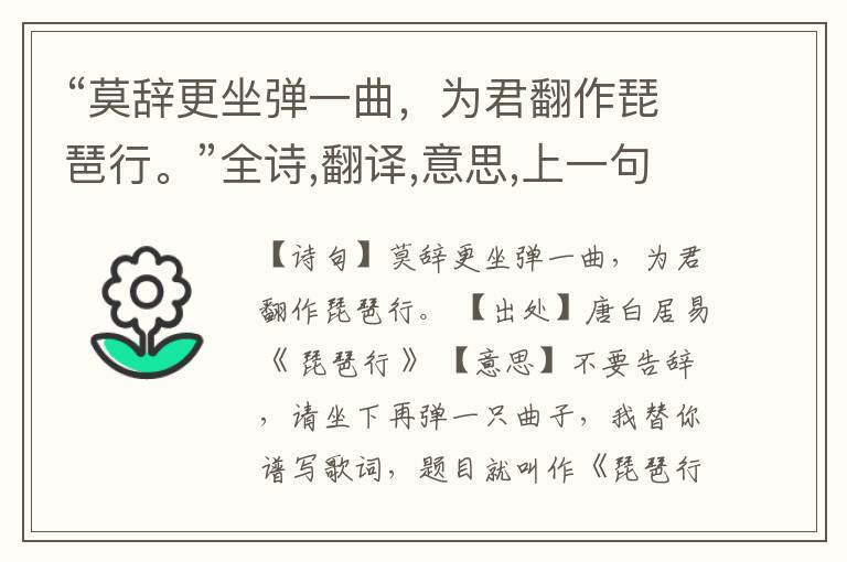  “莫辞更坐弹一曲，为君翻作琵琶行。”全诗,翻译,意思,上一句和下一句
