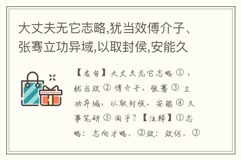  大丈夫无它志略,犹当效傅介子、张骞立功异域,以取封侯,安能久事笔研间乎?