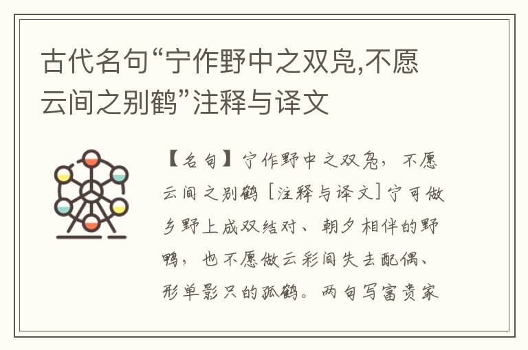  古代名句“宁作野中之双凫,不愿云间之别鹤”注释与译文