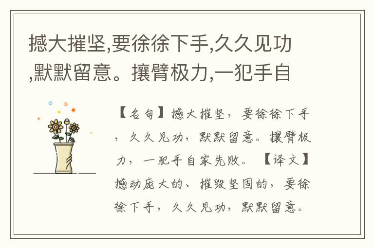  撼大摧坚,要徐徐下手,久久见功,默默留意。攘臂极力,一犯手自家先败。