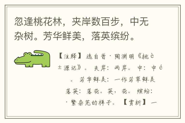  忽逢桃花林，夹岸数百步，中无杂树。芳华鲜美，落英缤纷。