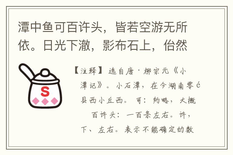  潭中鱼可百许头，皆若空游无所依。日光下澈，影布石上，佁然不动