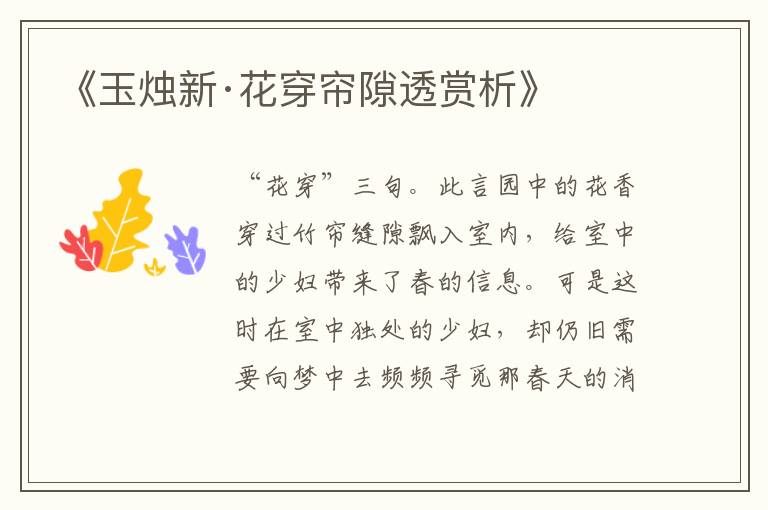  《玉烛新·花穿帘隙透赏析》