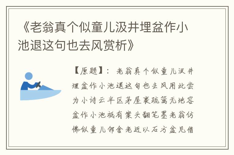  《老翁真个似童儿汲井埋盆作小池退这句也去风赏析》