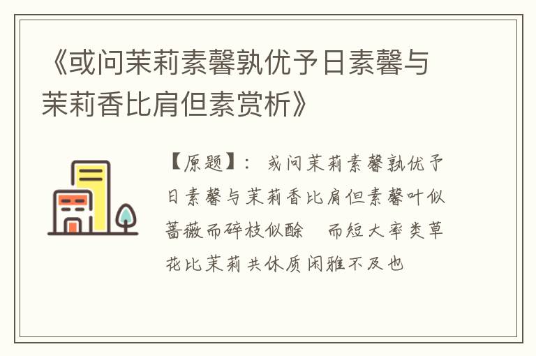  《或问茉莉素馨孰优予日素馨与茉莉香比肩但素赏析》