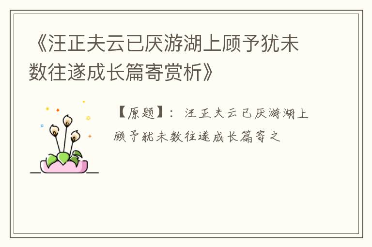 《汪正夫云已厌游湖上顾予犹未数往遂成长篇寄赏析》