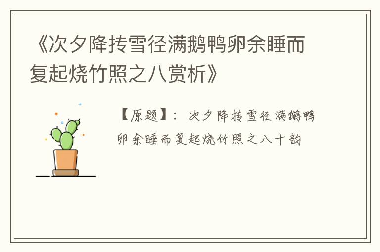  《次夕降抟雪径满鹅鸭卵余睡而复起烧竹照之八赏析》